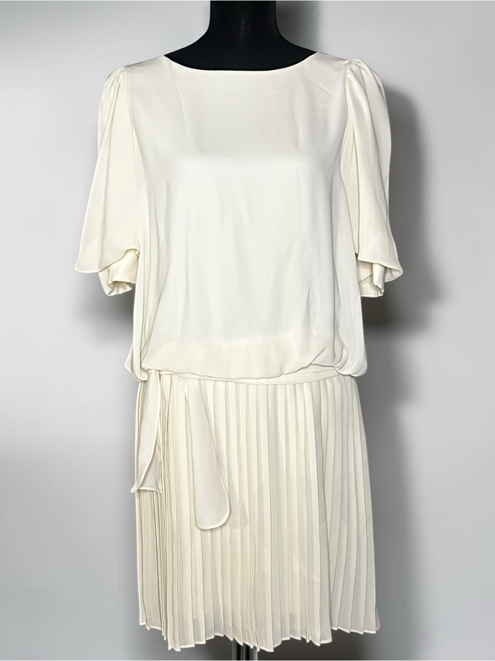 Vintage Simon Sez Ivory Pleated Blouson Drop Waist Chiffon Midi Dress Sz 5/6